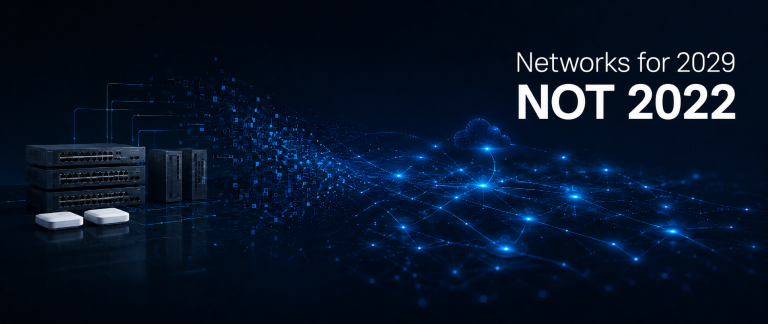 Side by side network topologies on a dark navy background: a rigid, static grid on the left and a fluid blue mesh on the right rerouting around a failed node, suggesting a shift from legacy to self-healing networks